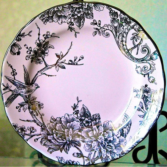 222 Fifth Adelaide Floral Bird Scalloped Large Serving Bowl 13 Sage Green RARE